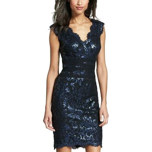 Tadashi Shoji Midnight Blue Sequin Cocktail Dress Sheath Event Holiday Size 6 - Picture 1 of 10